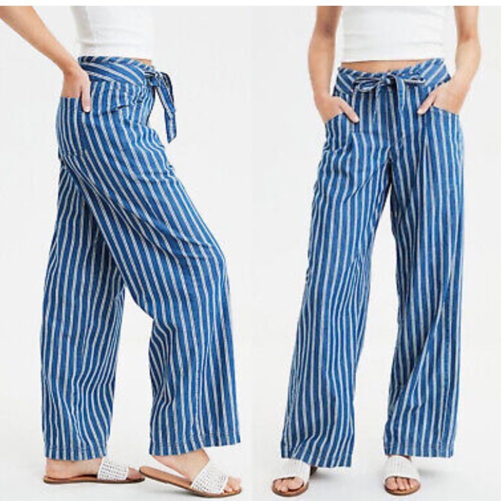 Striped Blue Tie-Waist Wide-Leg Pants